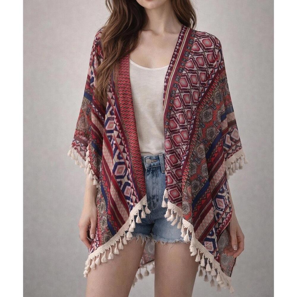 Boho Aztec Tribal Print Kimono Tassel Fringe Sheer Duster Festival Bohemian O/S - Picture 1 of 8